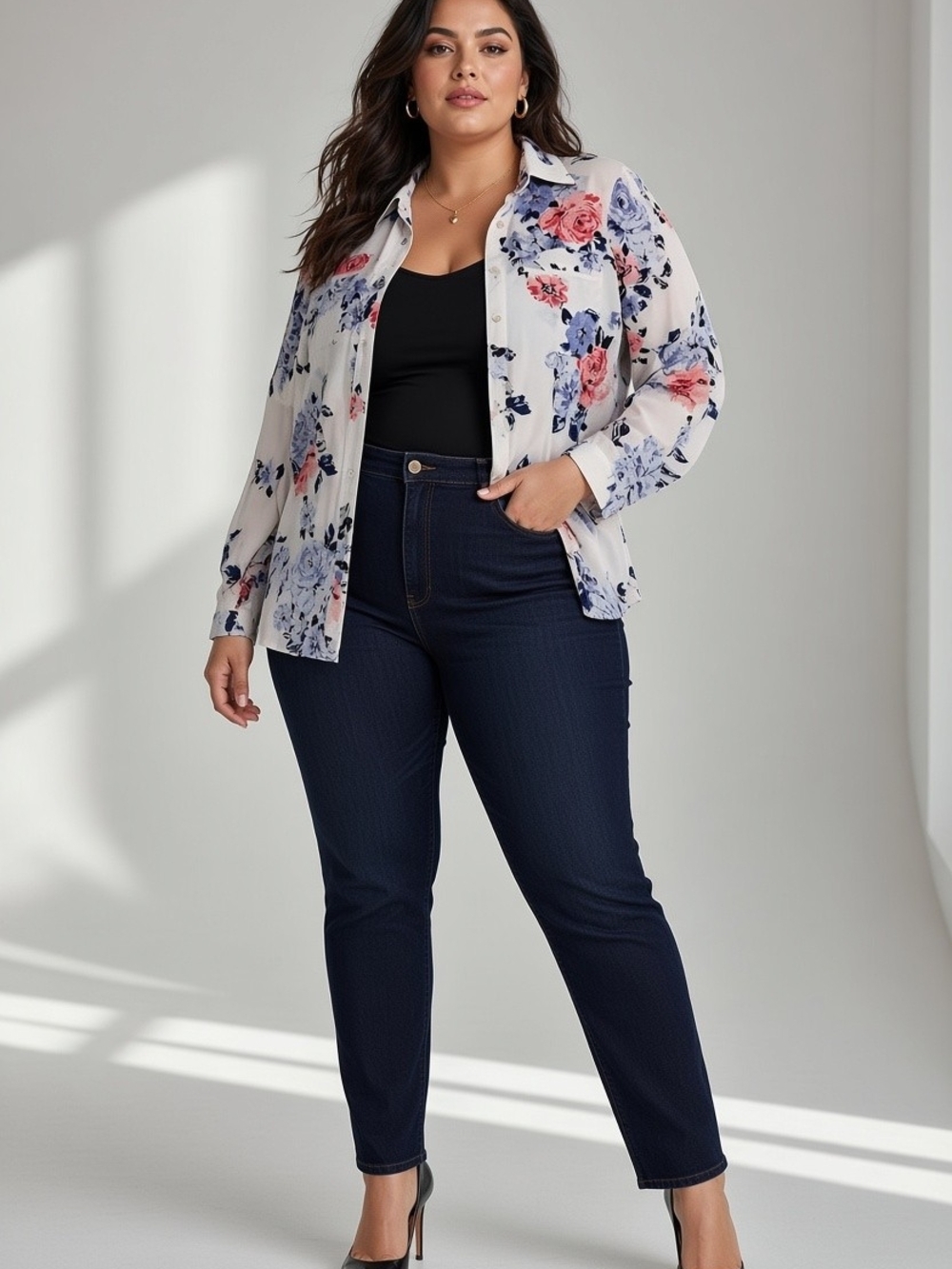 Candie's White Floral Button Down Shirt with Pink & Blue Roses